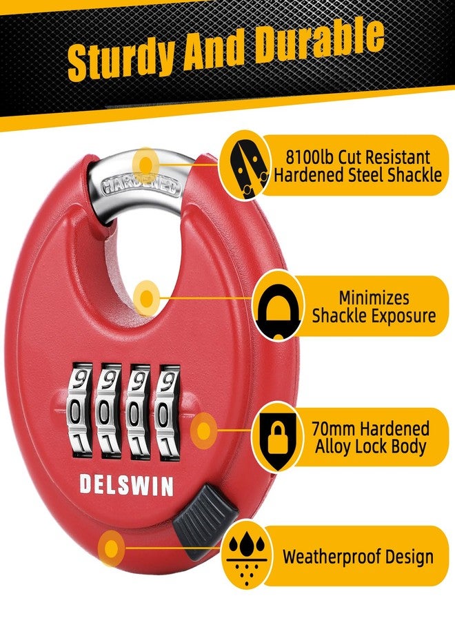 DELSWIN Outdoor Combination Padlock - 4 Digit Heavy Duty Disc Lock with Hardened Shackle,Combo Padlock for Gate,Storage Unit,Fence(25/64" Shackle, Red,1Pcs) - Image 2